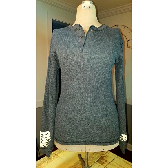 Altered Thermal Knit Top Shirt Vintage Crochet Cross Waffle Weave Henley Upcycle - Picture 6 of 9